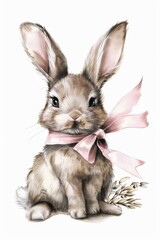 Charming baby rabbit with a ribbon around its neck Illustration On a clear white background 