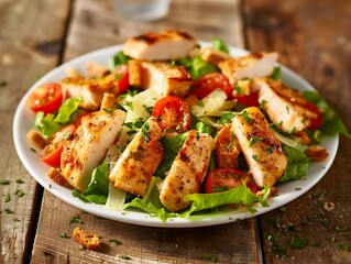 Caesar salad with chicken and tomatoes with croutons on a white plate with a wood background, food, culinary social media post - obrazy, fototapety, plakaty