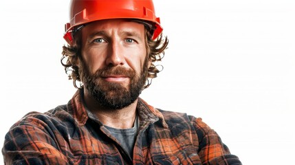 Young construction worker in helmet on white background, copy space for text placement