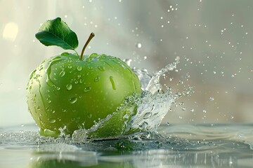 a green apple with water splashing