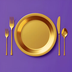 Golden spoon and fork on plate