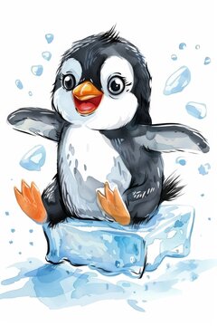 Cheerful baby penguin sliding on an ice block Illustration On a clear white background 