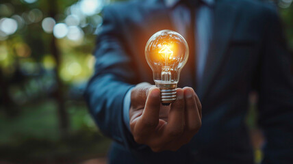 a bulb in hand of businessman,creative concept,focus to hand,closup,man blurry background,realisticphoto - obrazy, fototapety, plakaty
