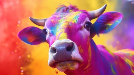 Portrait of a cow in Holi dye at a celebration