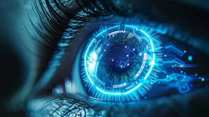 futuristic eye scan,eyeball technology,hitech line,digital element,blue neon