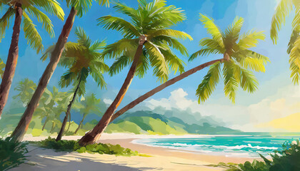 Beach scene with tall green palm trees, blue ocean and sandy beach. Tropical paradise. Summer landscape. - obrazy, fototapety, plakaty