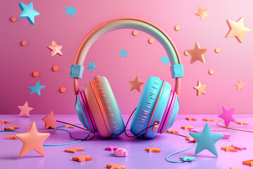 headphone,clif,star,music concept,gradient background,3d clay illustration