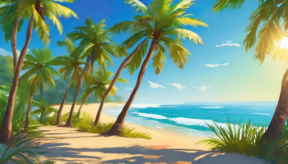 Fototapeta na wymiar Beach scene with tall green palm trees, blue ocean and sandy beach. Tropical paradise. Summer landscape.