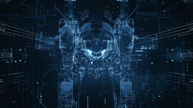 Wireframe illustration of an artificial intelligence on a dark blue background.