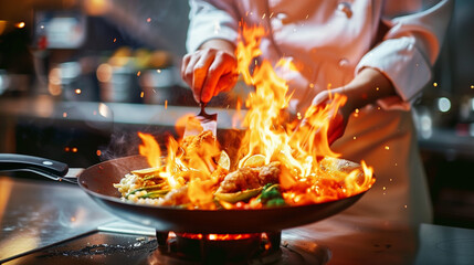 Close-up of a professional chef cooking a gourmet dish with fiery flames in a commercial kitchen...