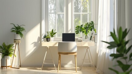 A well-organized desk space with plants and natural sunlight in a modern home office. Resplendent.