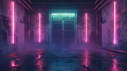 Wall of an old building with gates and neon lights on a street of futuristic city. 3D illustration. Beautiful night scene in a cyberpunk style. Gloomy urban landscape