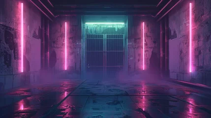 Deurstickers Wall of an old building with gates and neon lights on a street of futuristic city. 3D illustration. Beautiful night scene in a cyberpunk style. Gloomy urban landscape © Khalida