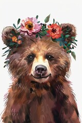 Sweet baby bear wearing a flower crown Illustration On a clear white background 