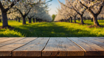 wooden table against the backdrop of a blooming apple orchard - obrazy, fototapety, plakaty