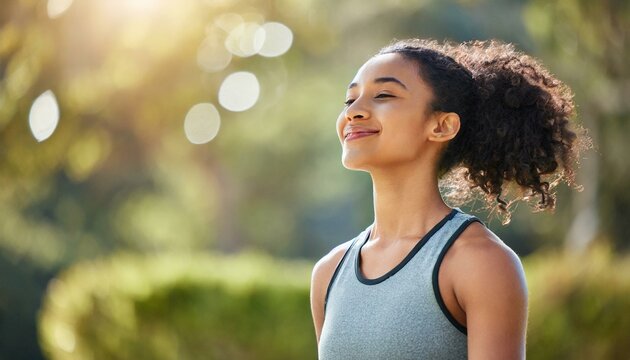 Fitness, woman and yoga breathing in relax for spiritual wellness, mental wellbeing or calm exercise in nature. Female relaxing