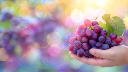 Hand holding fresh grapes with selective focus on blurred background for text placement