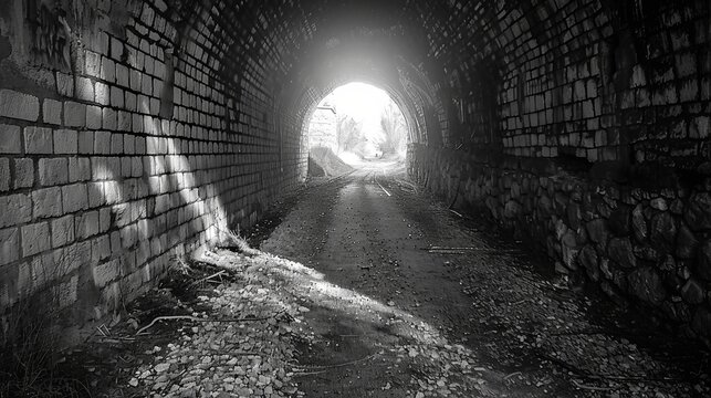 Fototapeta A grayscale image depicts light at the end of a tunnel, with added grain for effect.