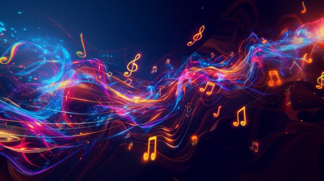 3D music space, neon lights and musical notes, spirally  musical background.
