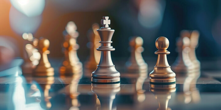 A conceptual business strategy image showcasing chess pieces on a board, symbolizing planning, competition, and innovation.