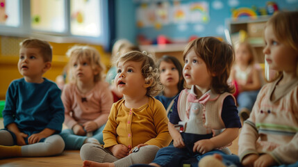 Adorable toddlers sitting together during a classroom learning session, exhibiting curiosity and early education engagement.