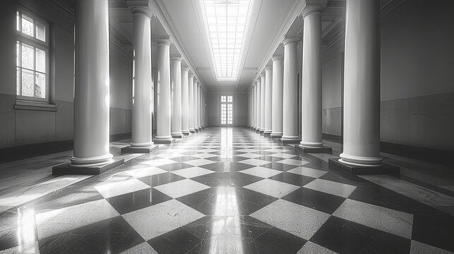 Fototapeta A monochrome background depicts a long corridor in a building, lined with columns.