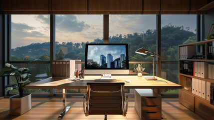 Modern home office interior with a computer on a desk, panoramic window, and breathtaking natural scenery. A perfect remote work environment combining comfort with functionality. - obrazy, fototapety, plakaty