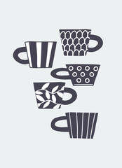 Decor printable art. Vector illustration. Design for prints, posters, cards, textile. Hand drawn potter coffee cups. Isolated background