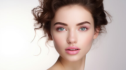 Beautiful young woman with clean skin on a white background. Skin care.