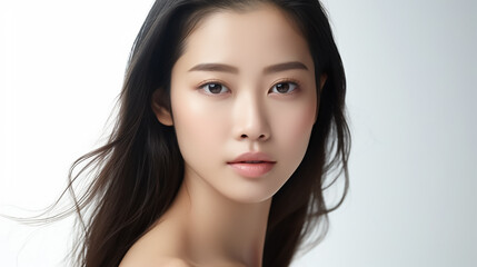 Beautiful young Asian woman with clear skin on white background. Skin care.