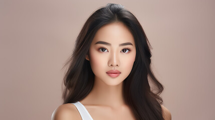 Beautiful young Asian woman with clear skin on white background. Skin care.