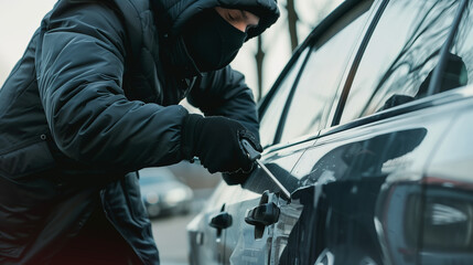 A man dressed in a black jacket and gloves uses a screwdriver to illegally break into a car. - obrazy, fototapety, plakaty