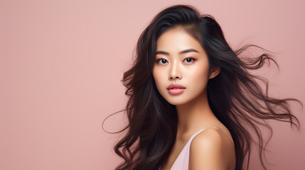 Beautiful young Asian woman with clear skin on pink background. Skin care.
