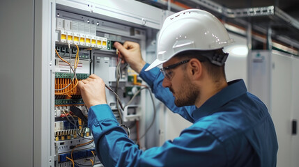 A skilled electrician in workwear is repairing and testing a complex electrical switchboard with various colored cables.