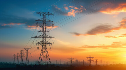 The silhouette of high-voltage electric towers stands out against a vibrant sunset sky, depicting energy and technology.