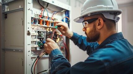 Skilled electrician man is engaged in the installation and configuration of electrical equipment in the electrical switchboard.