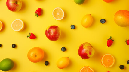 Frutas visto de cima isolado no fundo amarelo - obrazy, fototapety, plakaty