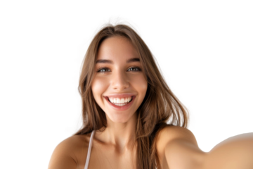 Portrait of beautiful young woman taking selfie posing with smile and attractive focus look, isolated on transparent png background.