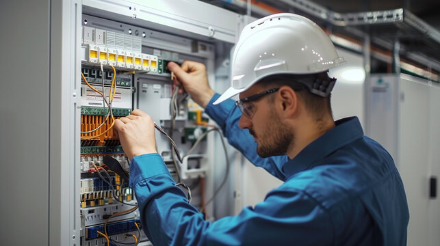 A skilled electrician in workwear is repairing and testing a complex electrical switchboard with various colored cables.