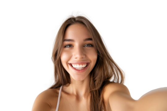 Portrait of beautiful young woman taking selfie posing with smile and attractive focus look, isolated on transparent png background.
