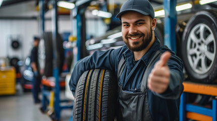 Confident young mechanic showing thumbs up while holding a car tire in a modern automotive workshop, expressing job satisfaction.