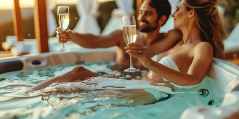 A happy couple enjoys a romantic moment while toasting with champagne glasses in a luxurious hot tub at sunset.
