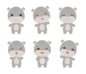Kawaii hippopotamus cute character facial expressions. Baby hippo cute chibi safari animal. African animal cartoon face - calm, happy, laughing, smiling, waving, winking. Adorable anime emoji vector.
