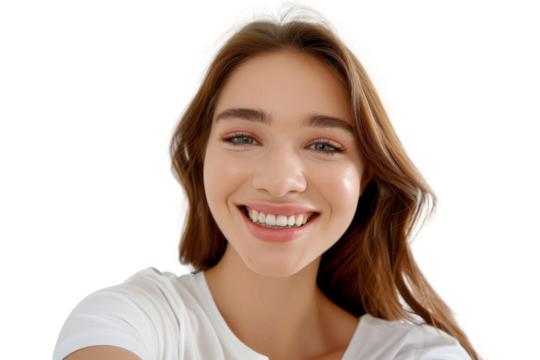 Portrait of beautiful young woman taking selfie posing with smile and attractive focus look, isolated on transparent png background.