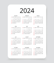 2024 calendar  for year. Yearly calender template. Week starts Sunday. Pocket wall organizer with 12 month in English. Scheduler layout in simple design. Vector illustration. Portrait orientation, A4.