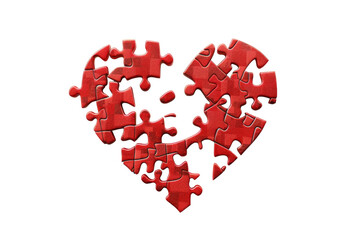 A heart shape created from vibrant red puzzle pieces