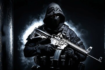 Naklejka premium A man in a black uniform is holding a rifle