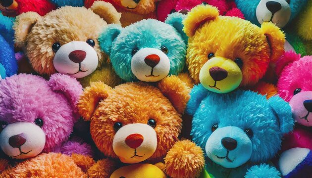 Full frame image of many colorful teddy bears squeezing each other and squinting 