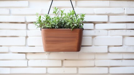 Wooden plant pot hanging in front of an white brick wall