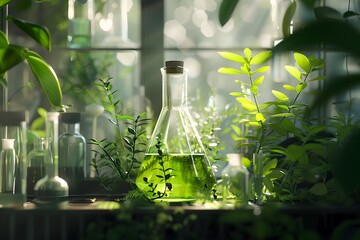 Tranquil Scientific Research: Hyper Lab Flasks Nestled Amongst Vibrant Green Plants
